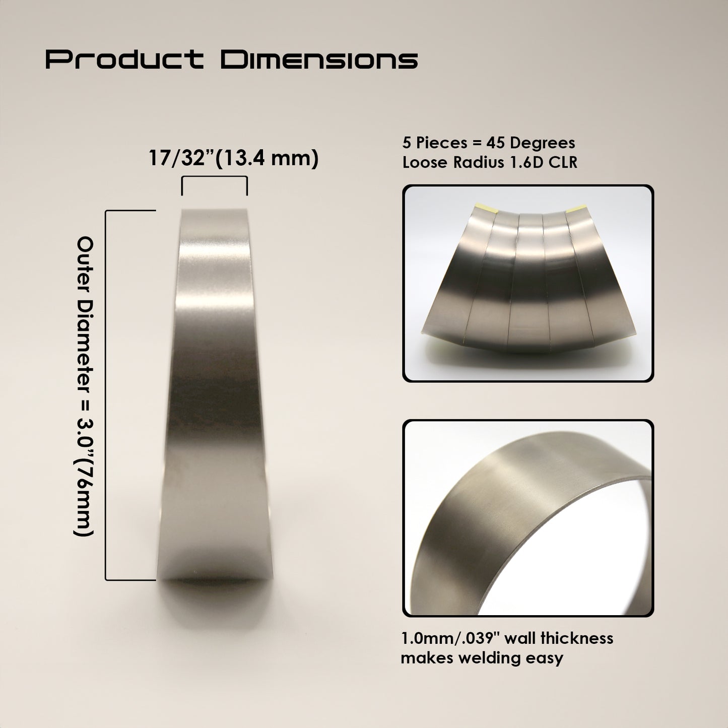 Titanium Pie Cut - 1.0mm/.039" wall - 5 Pieces (45° Total) - Loose Radius