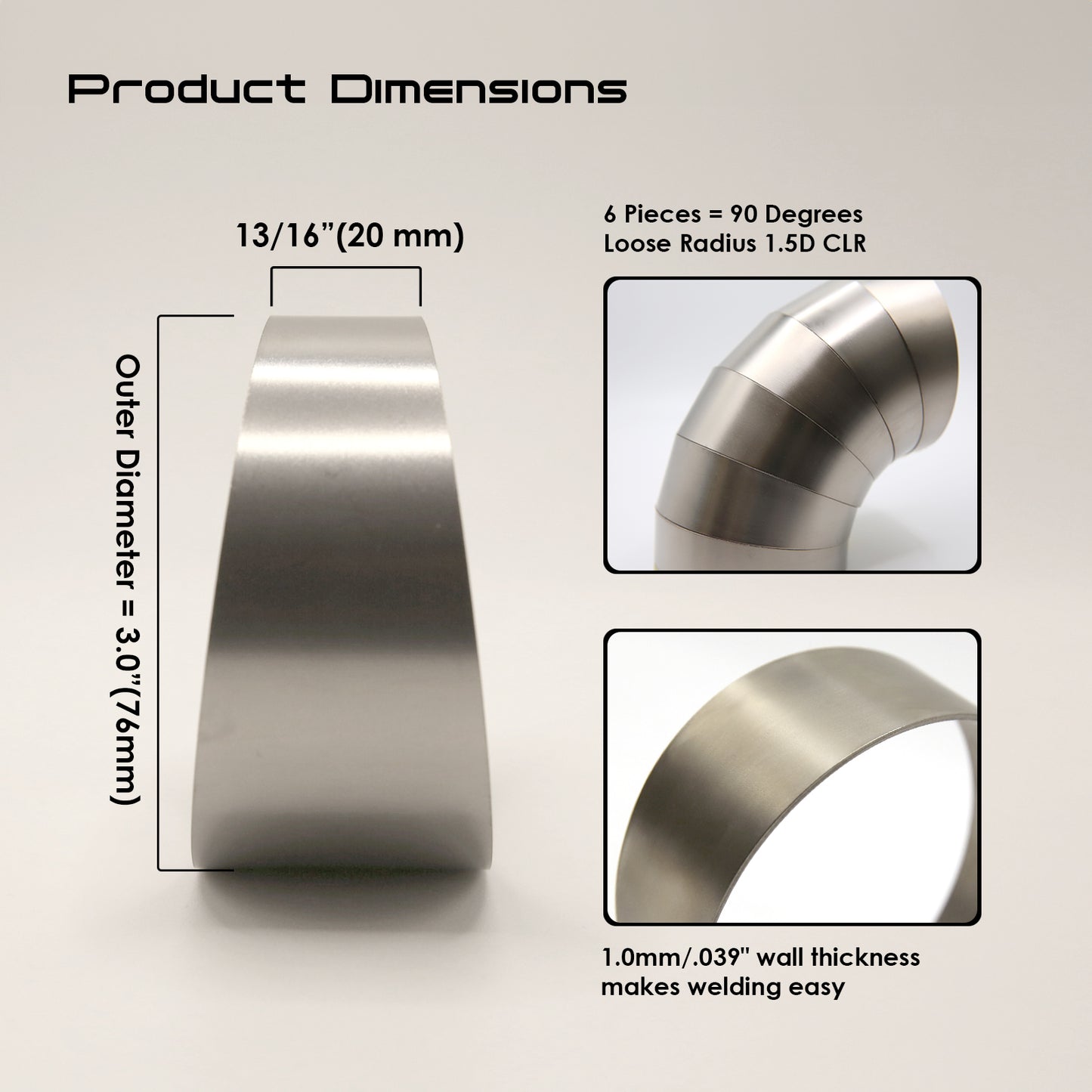 Titanium Pie Cut - 1.0mm/.039" wall - 6 Pieces (90° Total) - Loose Radius