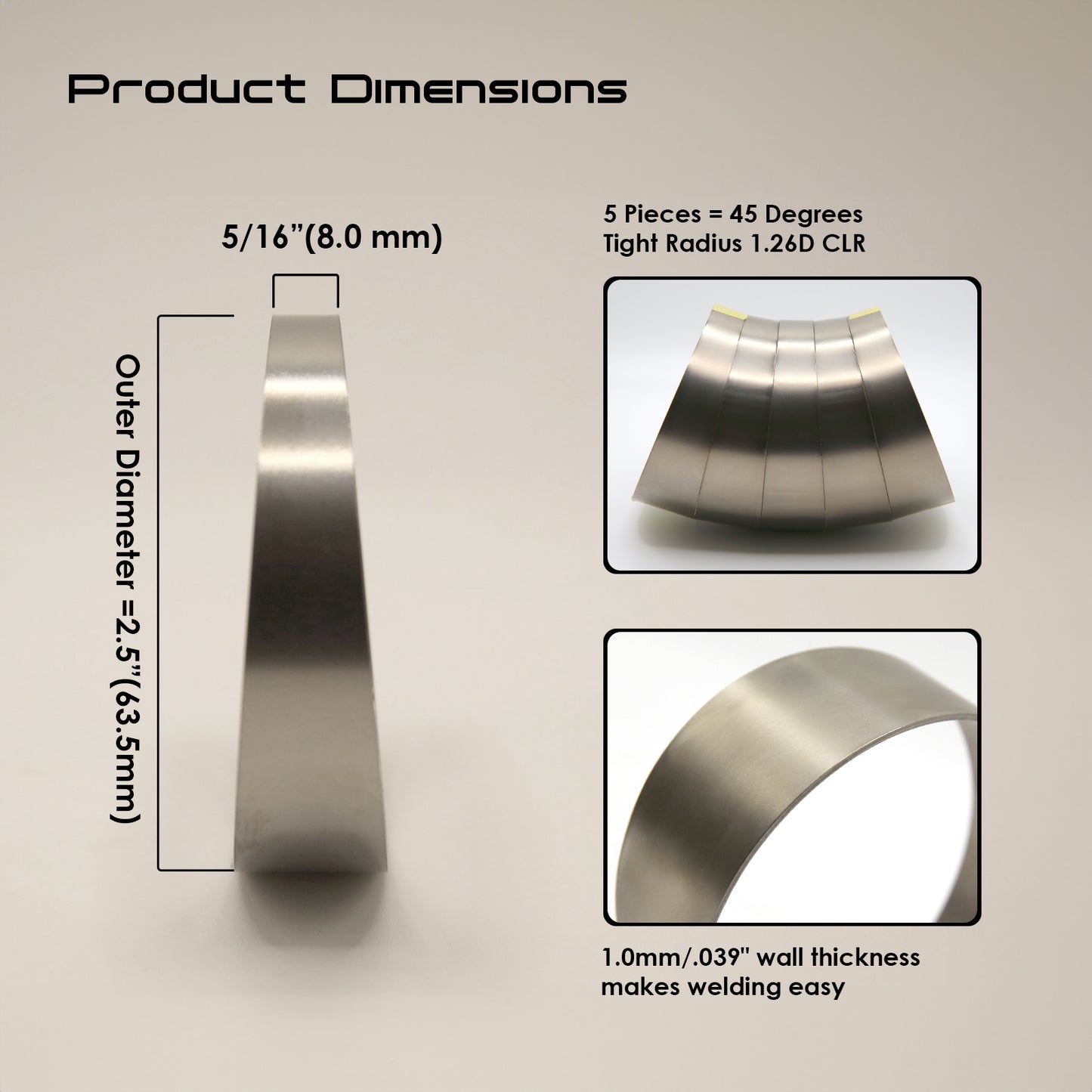 Titanium Pie Cut - 1.0mm/.039" wall - 5 Pieces (45° Total) - Tight Radius
