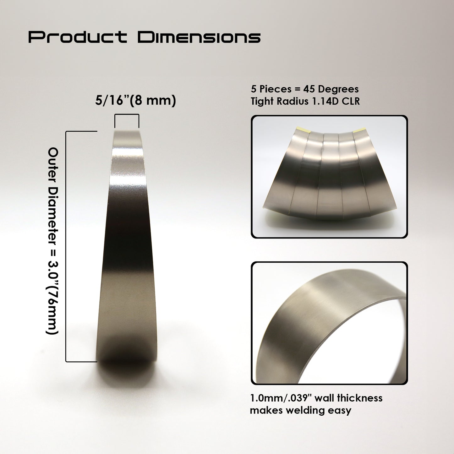 Titanium Pie Cut - 1.0mm/.039" wall - 5 Pieces (45° Total) - Tight Radius